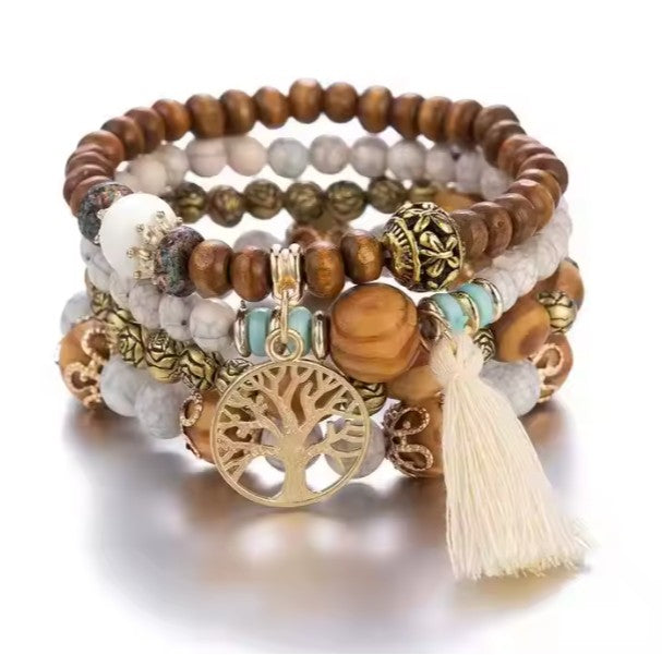 Boho 4 layer bracelet for girls, white boho set, white bead bracelet set