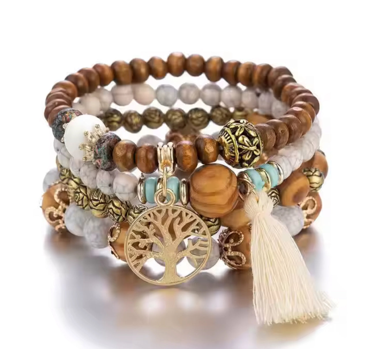 Boho 4 layer bracelet for girls, white boho set, white bead bracelet set